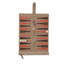 Backgammon set with pieces and dice in a beige carrying case on a white background